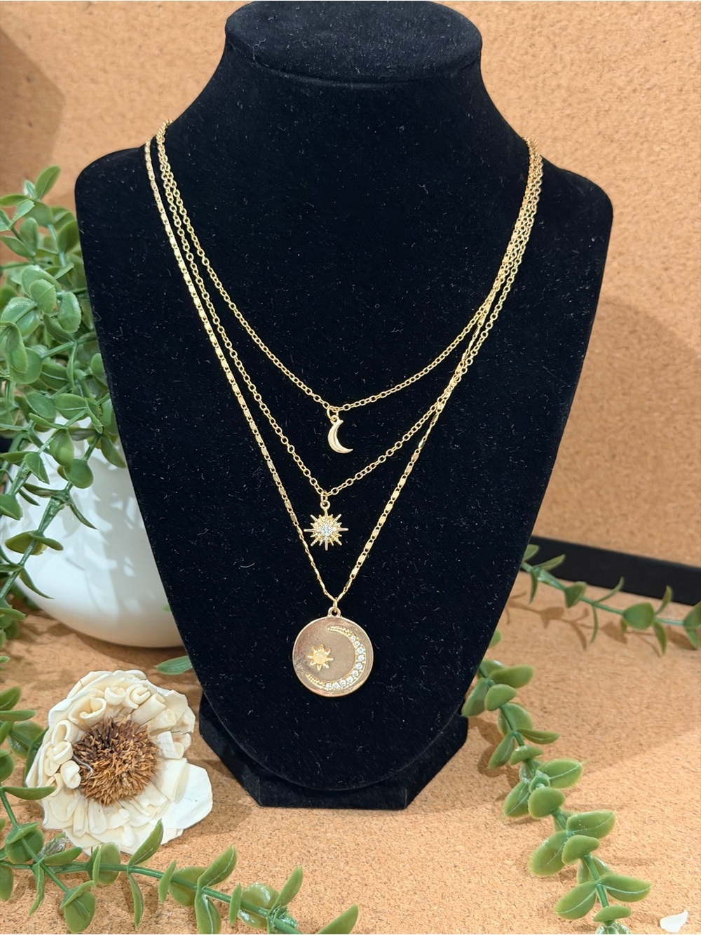 Layered Gold Moon & Star Pendant Necklace - Women's Jewelry